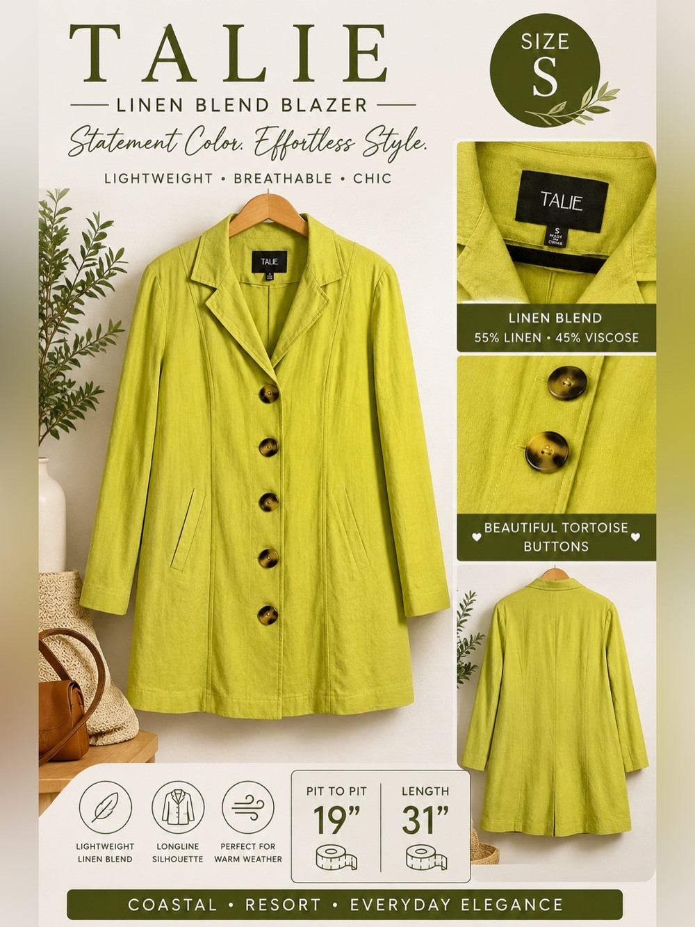 Talie Small Chartreuse Linen Blend Long Blazer Jacket Button Front Coastal